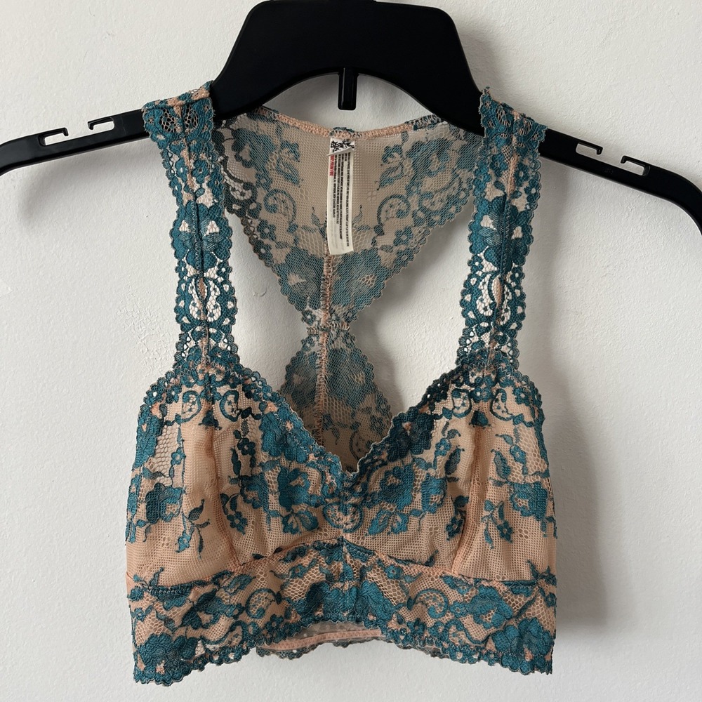 Free People Wild Roses Galloon Floral Lace Racerback Bralette XS Aqua Blush